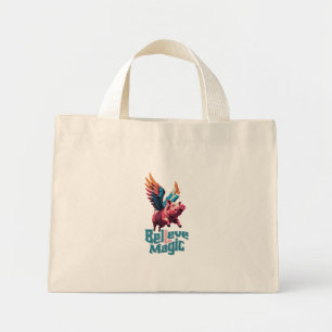 Mini Tote Bag Cochon mignon avec ailes colorées Croire en la m