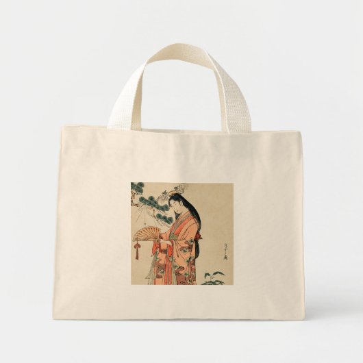 Mini Tote Bag Dessin en bois japonais ancien avec femme (Devant)