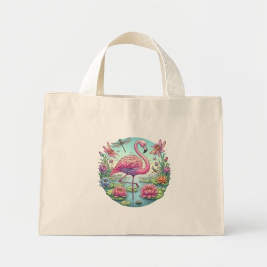 Mini Tote Bag Flamant rose rose et libellule (Devant)