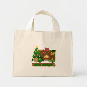 Mini Tote Bag Joyeux Noël près de la cheminée bonfire xmas arbre
