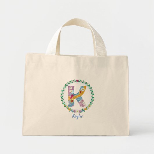 Mini Tote Bag Lettres de fleurs Initiale "K" avec nom personnali (Devant)