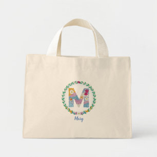 Mini Tote Bag Lettres de fleurs "M" initiales avec nom personnal