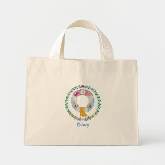 Mini Tote Bag Lettres de fleurs "Q" initiales avec nom personnal (Devant)