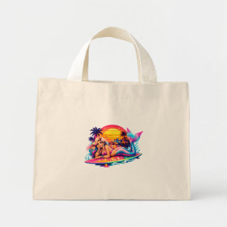 Mini Tote Bag Miami Sunset Sirène - Planche de Surf Rétro Tropic