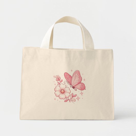Mini Tote Bag Papillon rose et fleurs (Devant)