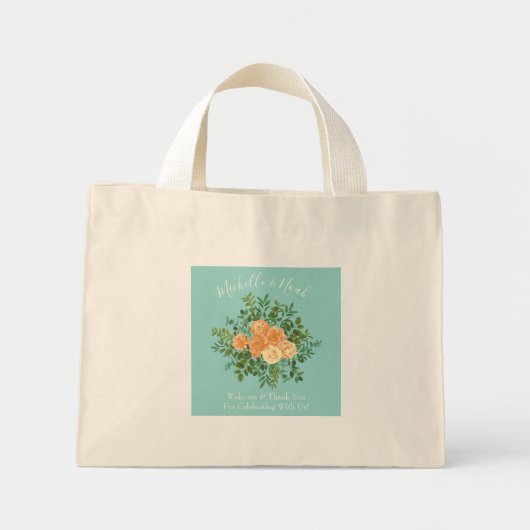 Mini Tote Bag Pêche Aqua Turquoise Mariage Roses Floral (Devant)