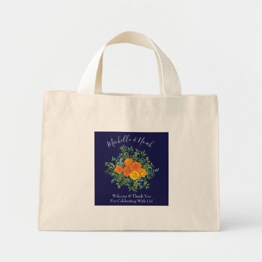 Mini Tote Bag Rose bleu et orange Floral Mariage moderne (Devant)