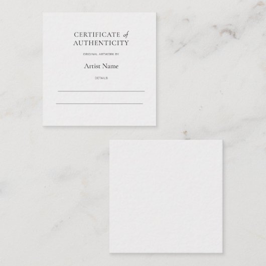 Mini White Certificate of Authenticity for Art Notitiekaartje (Voorkant / Achterkant)
