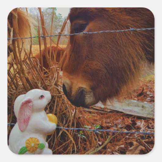 Miniature Brown horse & Easter Bunny Vierkante Sticker (Voorkant)