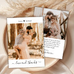 Miniature et merci Script Heart Photo Mariage<br><div class="desc">Modern Simple Elegant Love and Thanks Script 2 Mariage photo Carte de remerciements. Élégant minimaliste modèle mariage avec une photo à l'avant et une photo à l'arrière. Avec le texte "Amour et merci" dans une courbe manuscrite calligraphie ou typographie de police de script, petit motif de coeur entre les noms...</div>