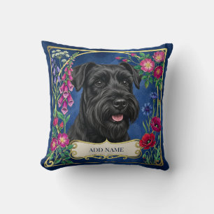 Miniature Schnauzer noir sur coussin bleu