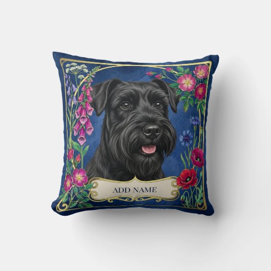 Miniature Schnauzer noir sur coussin bleu (Recto)