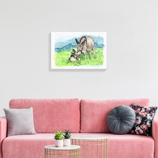 Miniatuur Donkey Mam en Baby Art Canvas Afdruk (Insitu (Woonkamer))