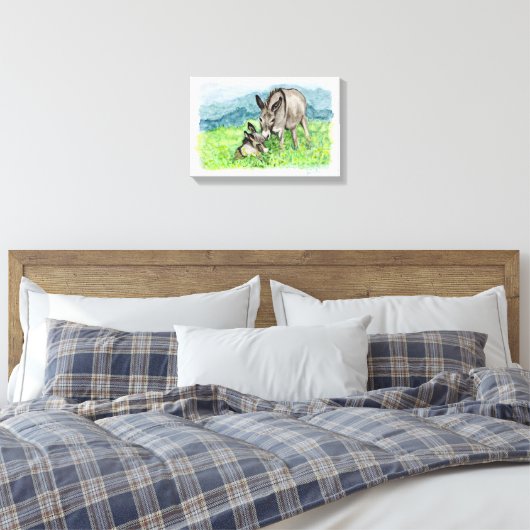 Miniatuur Donkey Mam en Baby Art Canvas Afdruk (Insitu (Slaapkamer))