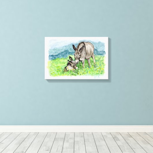 Miniatuur Donkey Mam en Baby Art Canvas Afdruk (Insitu (Houten vloer))