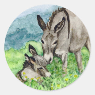 Miniatuur Donkey Mam en Baby Art Ronde Sticker