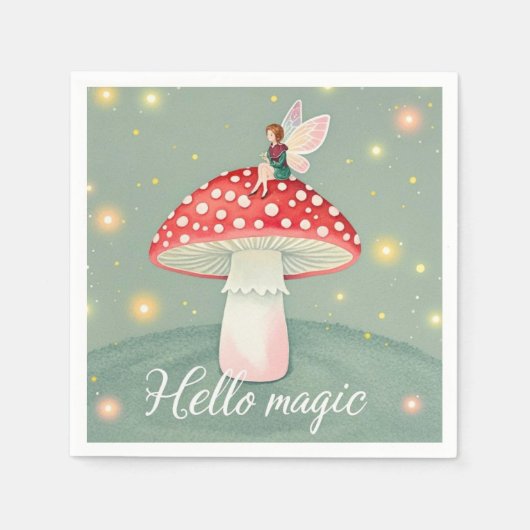 Miniatuur elfje zit bovenop een paddenstoel en glo servet (Voorkant)