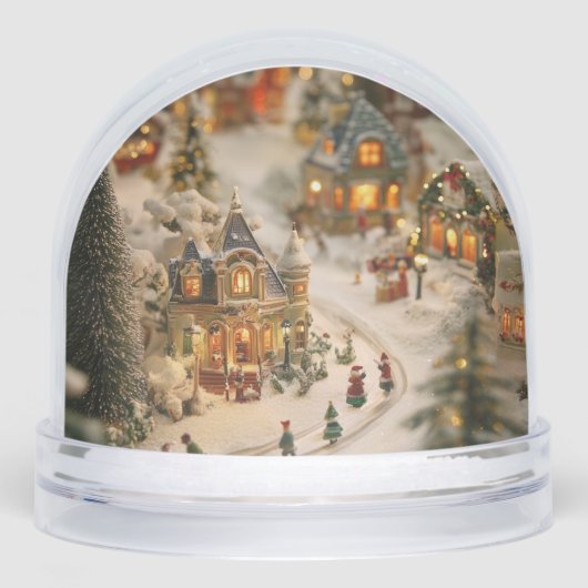 Miniatuur kerstdorp met sneeuw bedekte winter sneeuwbol (Voorkant)