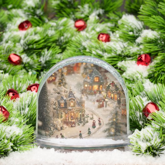 Miniatuur kerstdorp met sneeuw bedekte winter sneeuwbol (Kerstmis)