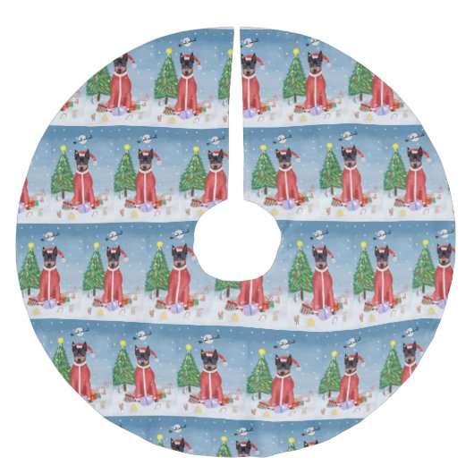 Miniatuur Pinsch Dog in sneeuw met kerstcadeaus Kerstboom Rok (Voorkant)