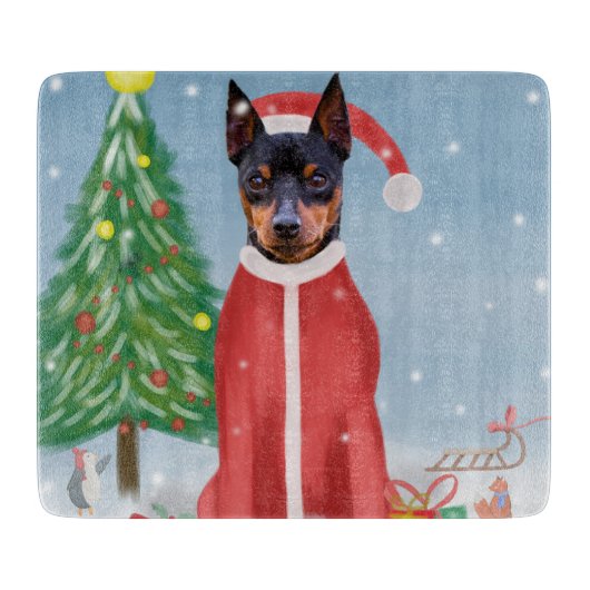 Miniatuur Pinsch Dog in sneeuw met kerstcadeaus Snijplank (Voorkant)