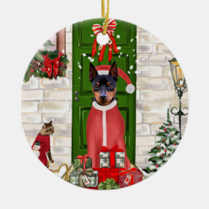 Miniatuur Pinscher Dog Kerstmis Keramisch Ornament