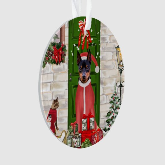 Miniatuur Pinscher Dog Kerstmis Ornament (voorkant)