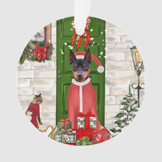 Miniatuur Pinscher Dog Kerstmis Ornament (voorkant)