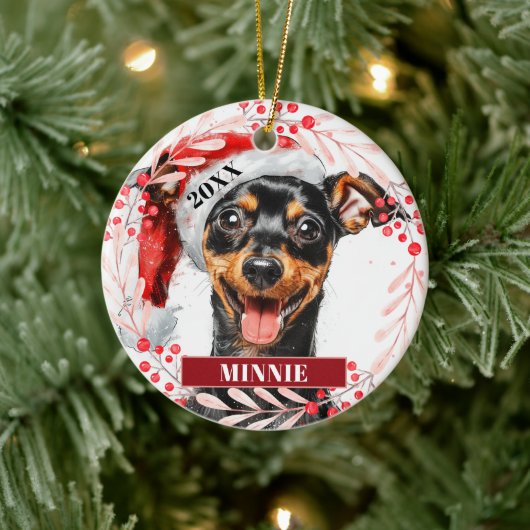 Miniatuur Pinscher in Kerstmannetjeshoed Kerstbal Keramisch Ornament (Boom)