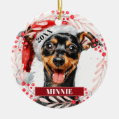 Miniatuur Pinscher in Kerstmannetjeshoed Kerstbal Keramisch Ornament (Voorkant)