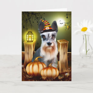 Miniatuur Schnauzer Dog met Witch Pet Halloween Kaart