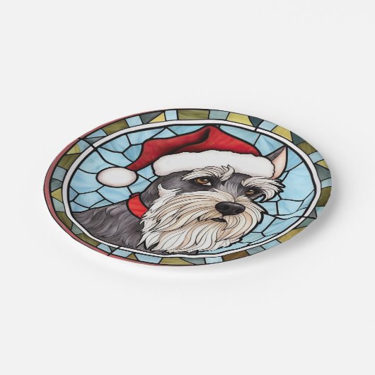 Miniatuur Schnauzer Glas in lood Kerst Papieren Bordje (Gekanteld)