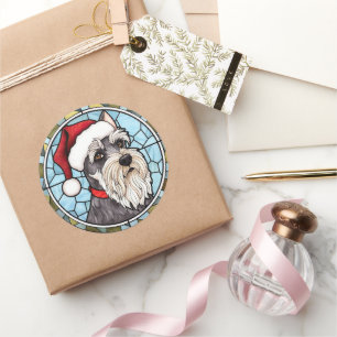 Miniatuur Schnauzer Glas in lood Kerst Ronde Sticker