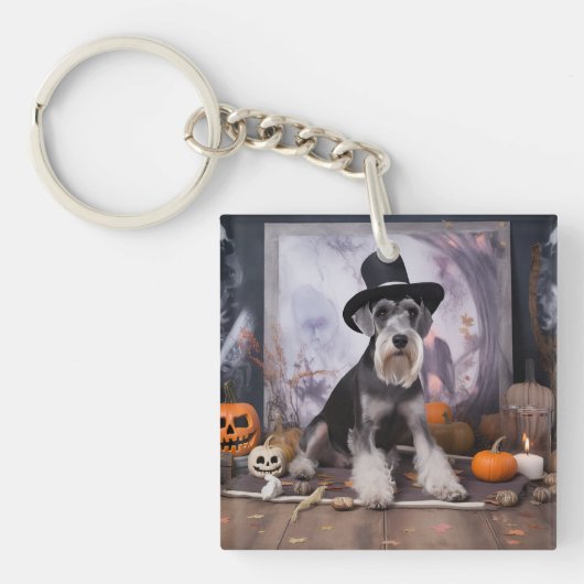 Miniatuur Schnauzer Pompoenen Halloween Scary Sleutelhanger (Voorkant)
