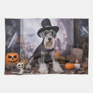 Miniatuur Schnauzer Pompoenen Halloween Scary Theedoek