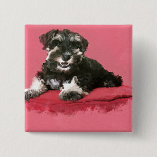 Miniatuur Schnauzer Puppy Waterverf Digital Art Vierkante Button 5,1 Cm