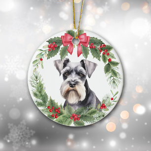 Miniatuur Schnauzer Terriër Rode strik Krans Keramisch Ornament