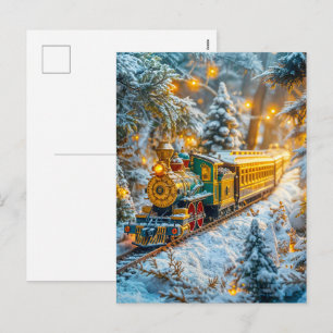 Miniatuur stoomtrein op besneeuwd bergspoor feestdagenkaart