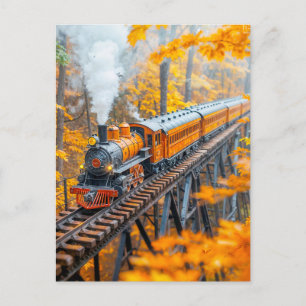 Miniatuur stoomtrein op bosschraagbrug feestdagenkaart
