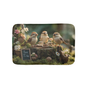 Miniatuur vogelbeeldjes die een bos-theepartij heb badmat