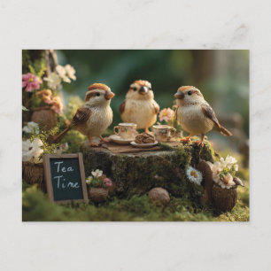 Miniatuur vogelbeeldjes hebben een bos-theepartij briefkaart