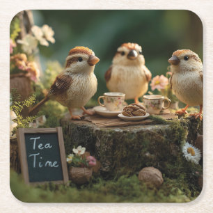 Miniatuur vogelbeeldjes hebben een bos-theepartij vierkante kartonnen onderzetter