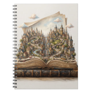 Miniatuurstad binnenin een open boek – Fantasyboek Notitieboek