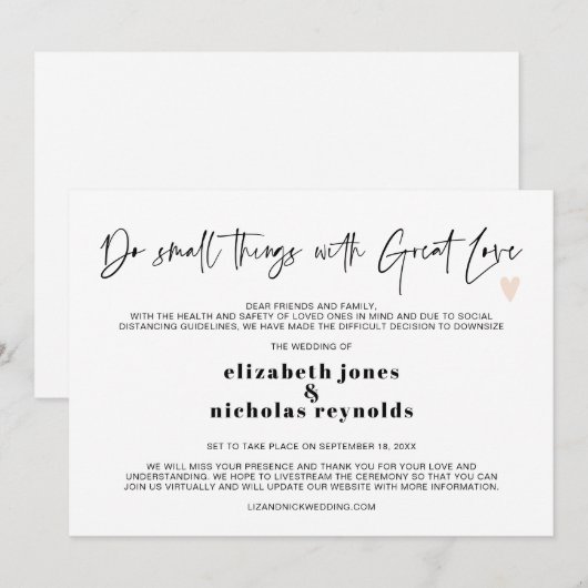 Minibruiloft-aankondiging met verkleinde vormgevin aankondiging (Voorkant / Achterkant)