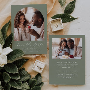 Minimaal 2-foto Boho Arch Sage Green Save The Date
