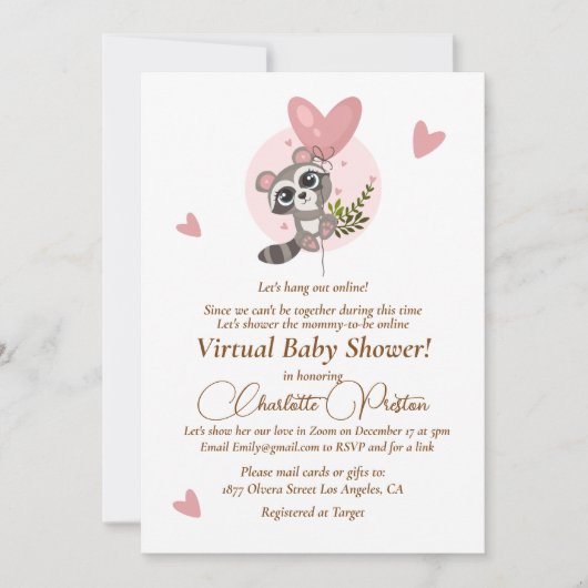Minimaal Baby shower Cute Raccoon Virtual Kaart (Voorkant)