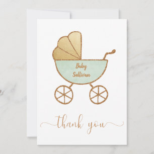Minimaal Baby shower Retro Carriage Mint Gold Bedankkaart
