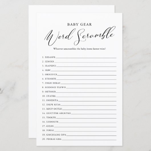 Minimaal Baby shower voor kalligrafie Word Scrambl (Voorkant / Achterkant)