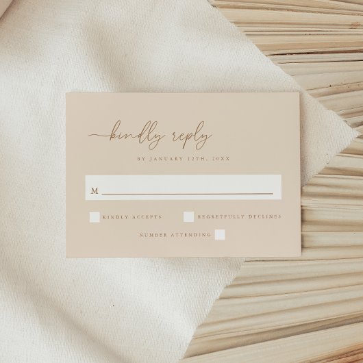 Minimaal Beige Script Bruiloft RSVP Kaartje