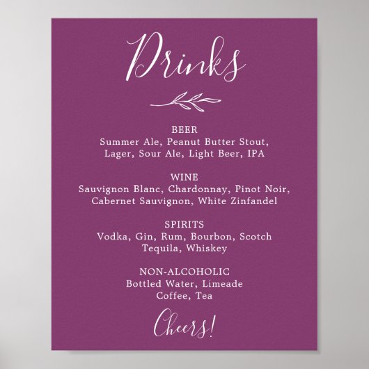 Minimaal blad | Berry Paarse bruiloft Drinken Menu Poster (Voorkant)